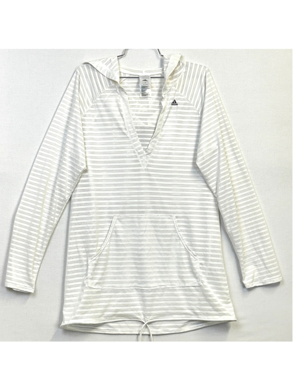 Adidas Women's Striped Hooded Pullover White Gray Kangaroo Pocket